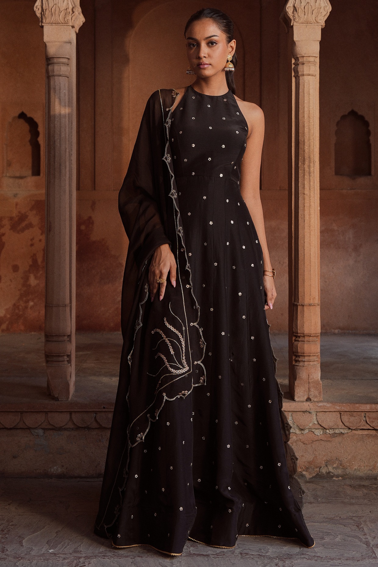 Black Foilage Print Net Evening Party Wear Anarkali Gown Semi Stitched -  SHUBHKALA - 3910851